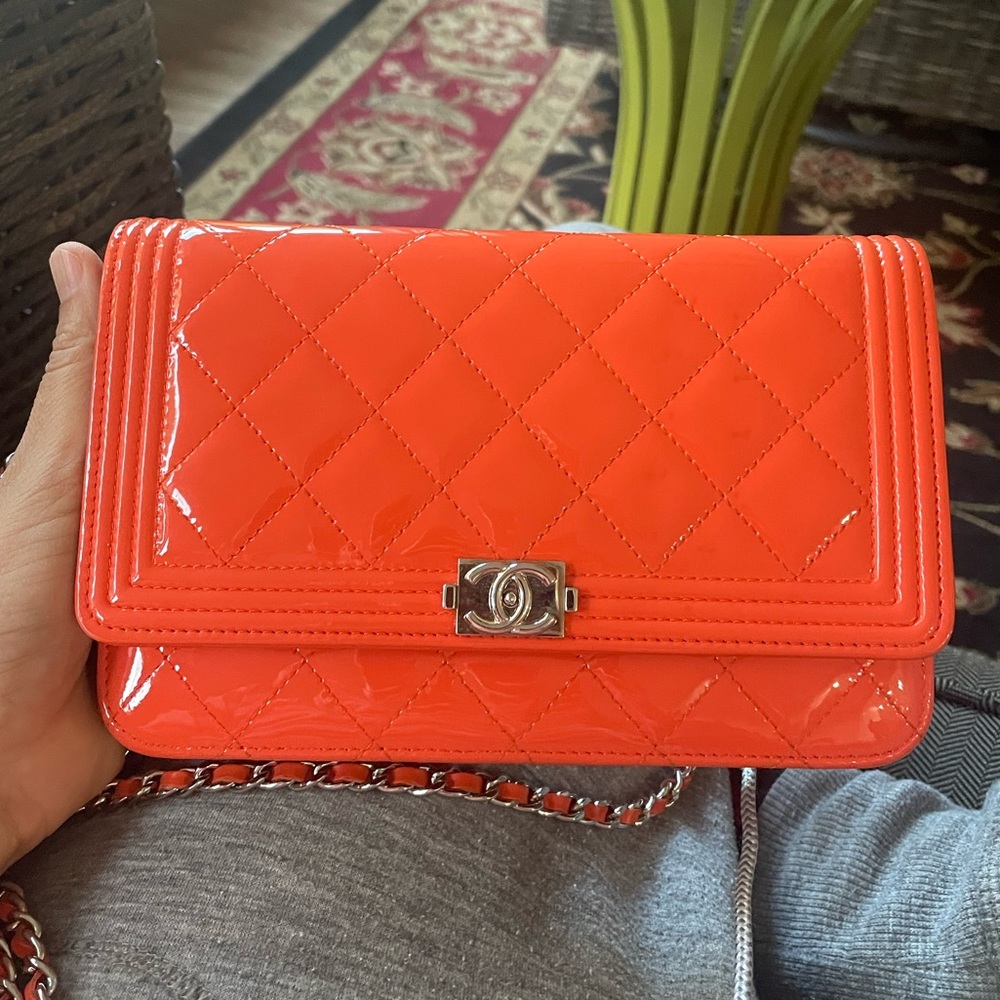 CHANEL Orange Quilted Patent Leather Crossbody Bag
